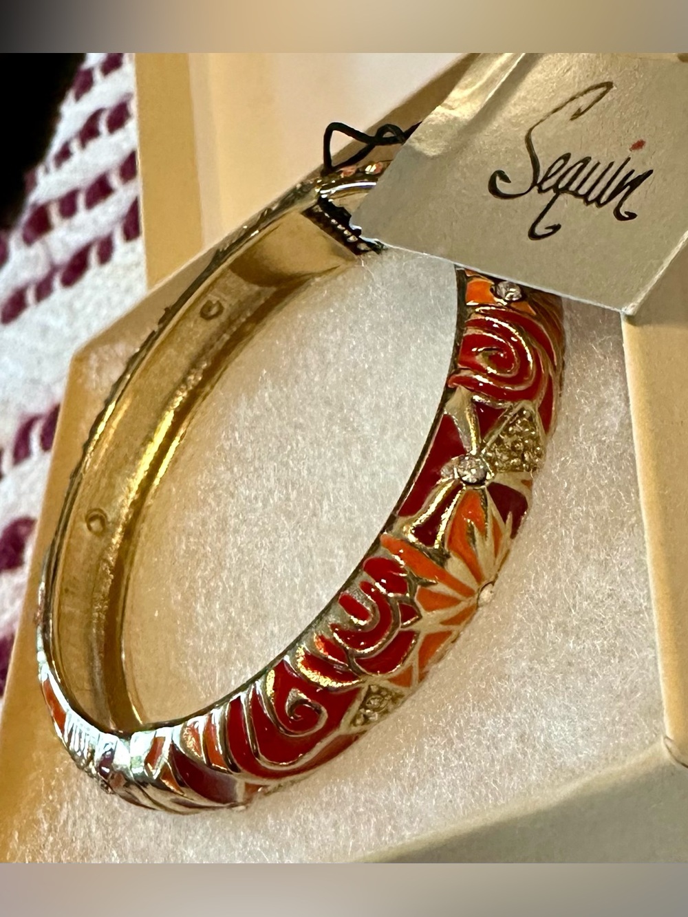 Sequin signed Enamel Floral Red & Orange hinge Bangle Bracelet new in box